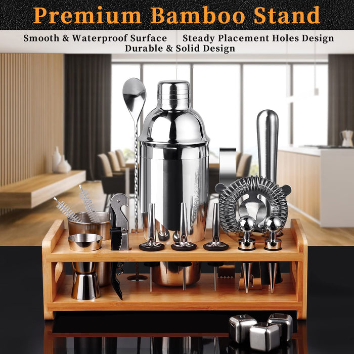 26-Piece Bartenders Kit Cocktail Shaker Set | Stainless Steel Bar Set with Bamboo Stand Bar Tools Cocktail Kit for Drink Mixing