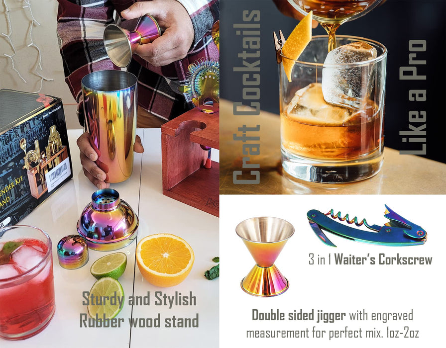 Voila Artisan 20 Pcs Premium Cocktail Shaker Set Bartenders Kit with Elegant Mahogany Wooden stand-RAINBOW