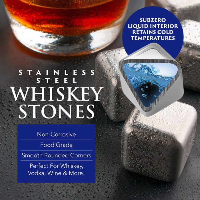 Deluxe Chill Rocks Whiskey Set - Whisky Scotch Chilling Stones – 8 Stainless Steel Beverage Cooling Soapstone Ice Cubes + Tongs