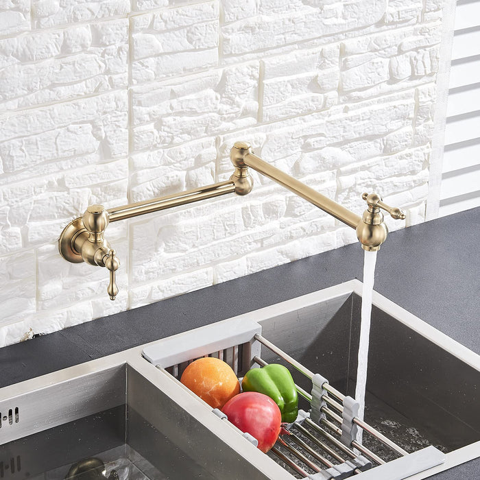 Votamuta Brushed Gold Wall Mounted Single Handle Pot Filler Kitchen Faucet with Double Joint Swing Arm
