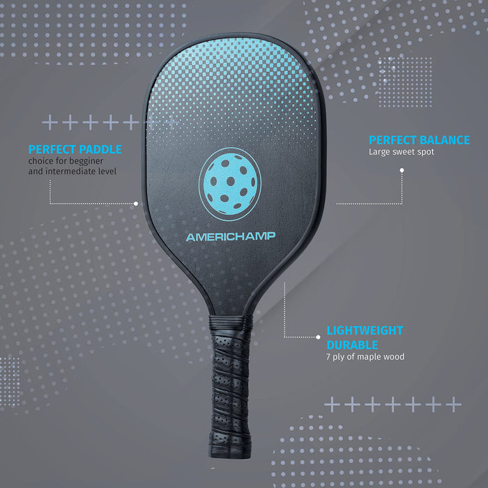 AMERICHAMP Pickleball Set Durable Wooden Pickle Ball Paddle Set of 4 Racket with Non-Slip Grip for Stability 4 high-Performing Indoor and Outdoor Pickleball Balls with Carry Bag