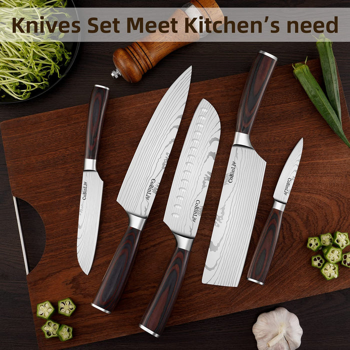 CoBinLiy Professional Kitchen Knife Set, High-Carbon Stainless Steel with Ergonomic Handle Knife Set ,5 Pieces Ultra Sharp Japanese Knife set for Vegetable Meat Fruit