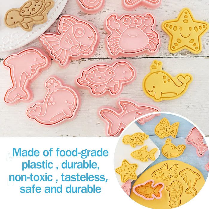 Marine Life Cookie Cutter Set, 8 Pcs Plastic Cartoon Biscuit Cutter Stampers Emboss, 3D Cartoon Fun Biscuits Mould Set