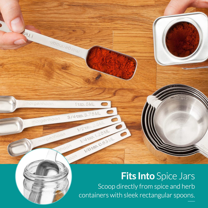 13-piece Measuring Cups and Spoons Set, 18/8 Stainless Steel Heavy Duty  Ergonomic Handle with Ring Connector, Silver