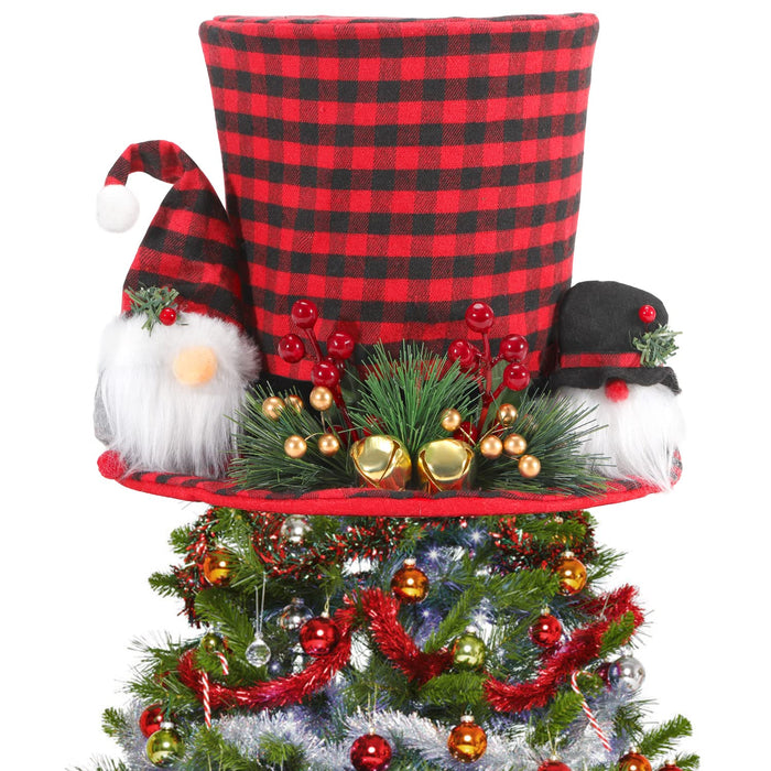 Christmas Tree Topper Hat Red Black Buffalo Plaid Top Hat Christmas Tree Decorations Santa Gnome Gold Jingle Red Berry Ornaments Large Xmas Tree Topper Decor for Snowman Home Party Decors Supplies