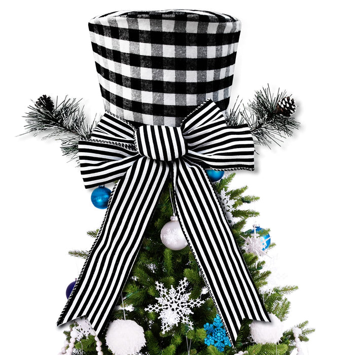 Christmas Tree Topper Hat with Bow,Christmas Tree Decoration Black Stripes Top Hat Ornament for Christmas Tree Xmas/Holiday/Winter Wonderland Party Decoration Supplies