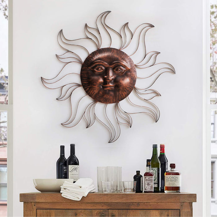 Sunjoy Metal Wall Decor Vintage Copper Sun Face Wall Art Indoor Outdoor Distressed Decoration Wall Art with Keyhole Hanger