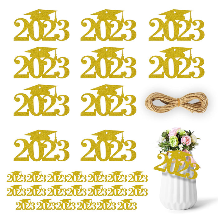 30pcs 2023 Graduation Confetti with 11yards Hemp Rope, Hanging 2023 Graduation Confetti Glitter Grad Confetti 2023 Graduation Party Decorations for Home Party Tabletop Grad Caps (Gold)