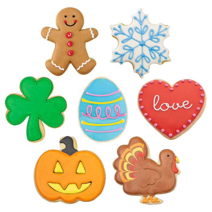 Cookie Cutters for Every Season 7-Piece Set with Recipe Booklet, Gingerbread Man, Turkey, Pumpkin, Shamrock, Heart, Snowflake
