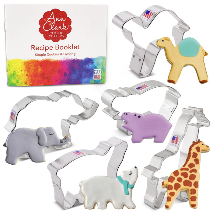 Ann Clark Cookie Cutters Safari Zoo Animals 5 Pc Cookie Cutter Set with Recipe Booklet, Extra Large Elephant, Giraffe, Hippo