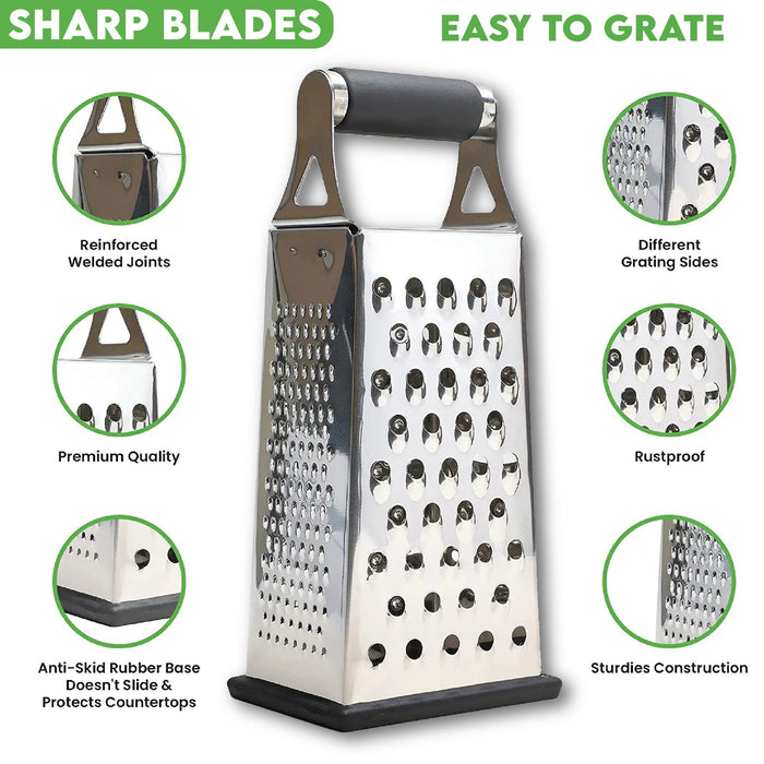 K BASIX Professional Box Grater for Kitchen, 4 Sided Box Cheese Grater, Stainless Steel Box Grader for Cheese, Potato, Carrot