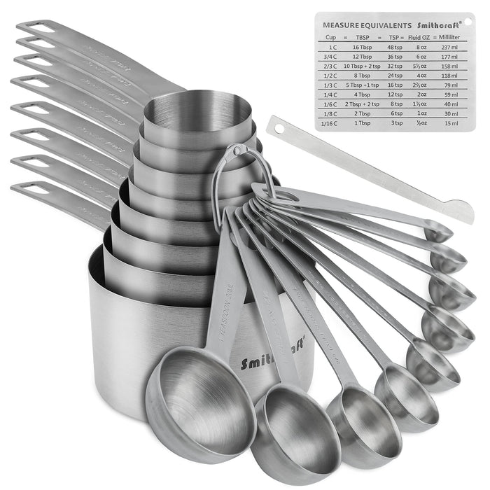 13-piece Measuring Cups and Spoons Set, 18/8 Stainless Steel Heavy Duty -  Silver