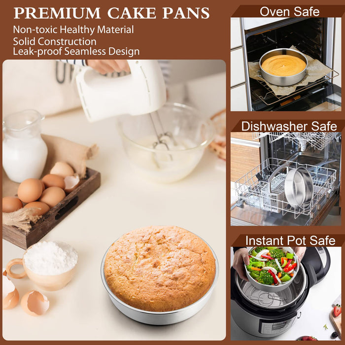 P&P CHEF 9.5 Inch Cake Pans (3-inch Depth), 2 Pcs Stainless Steel Round  Baking Pan Big Birthday Cake Pans, Healthy & Durable, Deep Side & One-piece