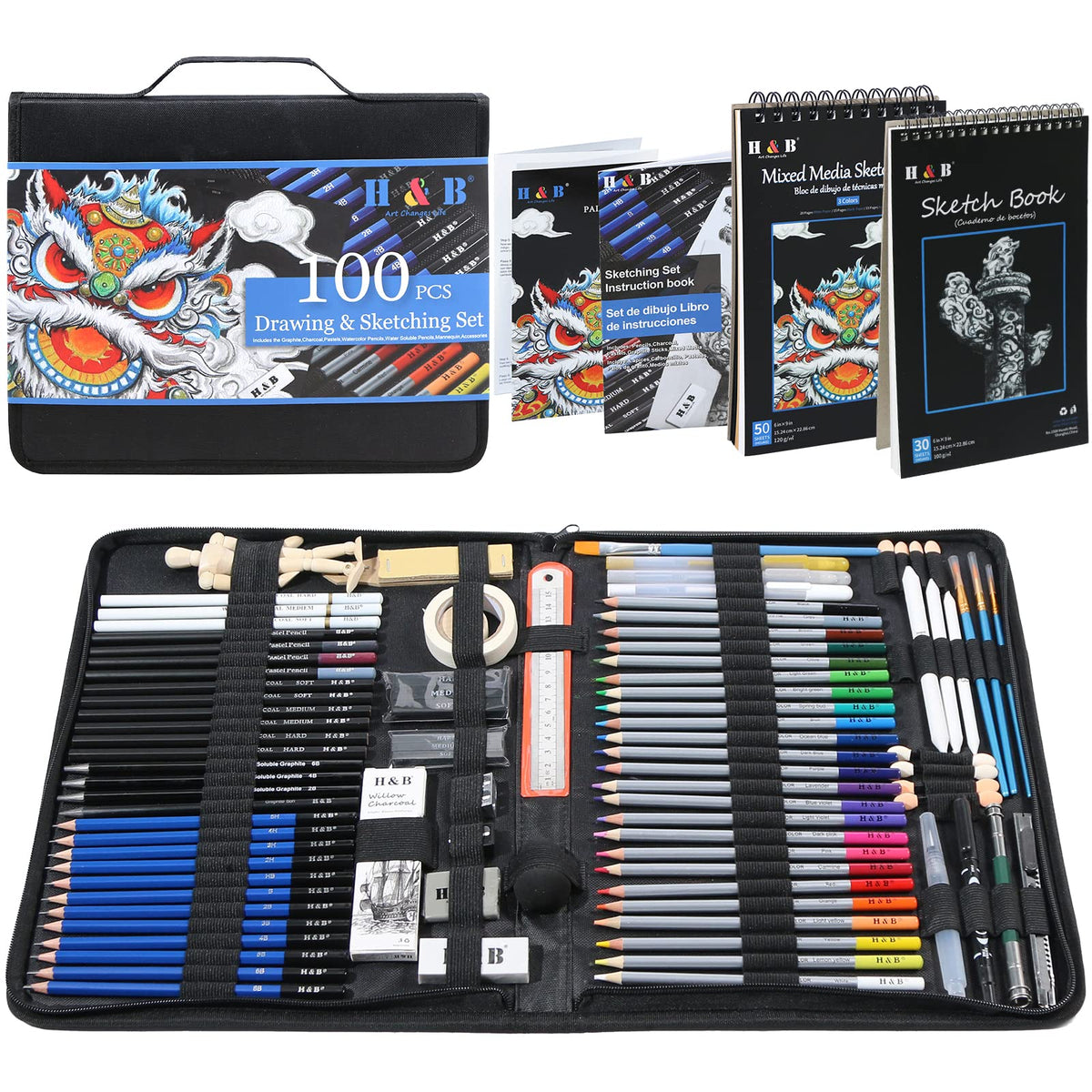 H & B 51 PCS Drawing and Art Pencil Supply Kit, Complete Artist Kit,  Including Graphite Pencils,Metallic Pencils, Water Soluble Pencils for Kids  Adult
