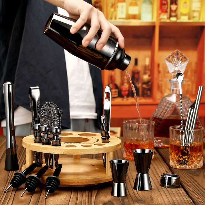 Cocktail Shaker Set, X-cosrack 19 Piece Bartenders Kit with Bamboo Rotating Stand:Stainless Steel Bar Set for Home, Bars, Parties