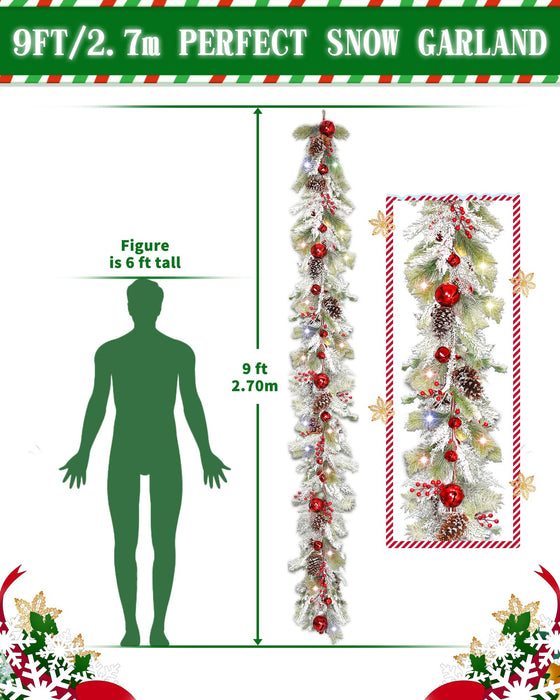 DDHS 9FT Christmas Garland, Snow Flocked Pre-lit Garland with Bells Red Berries Pinecones and Battery Operated 60 Lights, Holiday Need for Mantle Fireplace Outdoor Garland Christmas Decorations