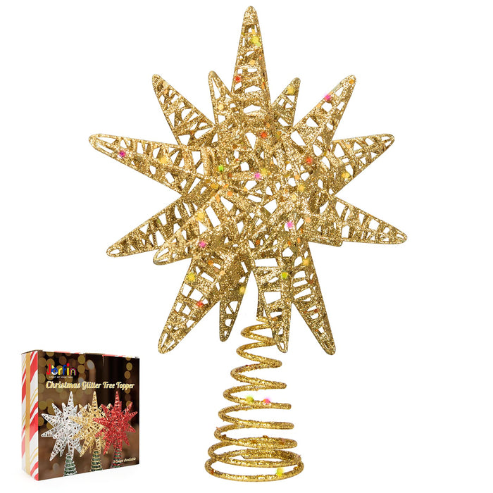 Christmas Tree Topper Star Gold Glittered Metal Christmas Treetop Decoration for Xmas Holiday Lightweight