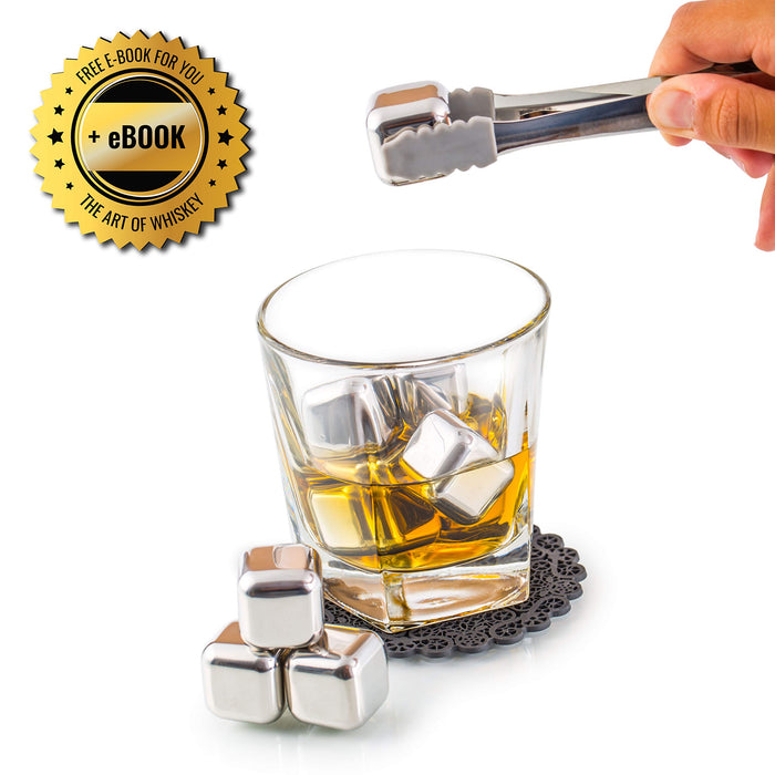 Exclusive Whiskey Stones Set - High Cooling Technology - Reusable Ice Cubes - Stainless Steel Whisky Rocks - Whiskey s for Men