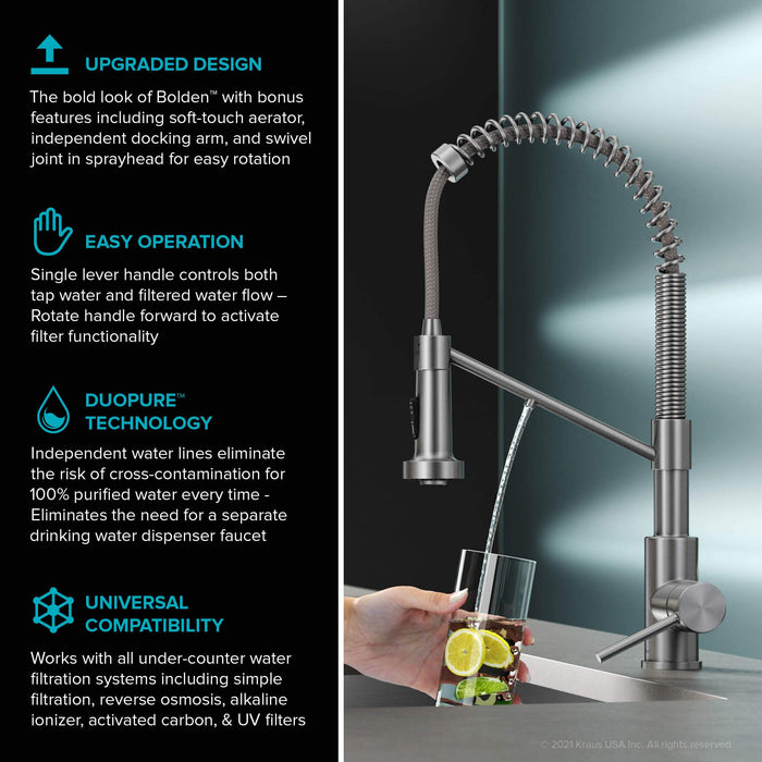 Kraus KFF-1610CH Bolden 2-in-1 Commercial Style Pull-Down Single Handle Filter Kitchen Faucet for Reverse Osmosis or Water Filtration System, Chrome