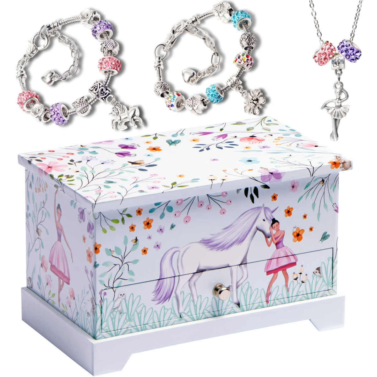 efubaby Musical Jewelry Box for Girls with Spinning Ballerina Unicorn Design, 3 Pullout Drawers, Unicorn Jewelry Set Included Kids Jewelry Box for