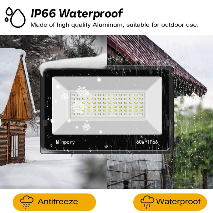 Minpory 60W LED Flood Lights Outdoor-2Pack, 6000LM Ultra Bright Work Light Fixture, 5000K Daylight, Waterproof IP66 Security Outdoor Lights for Yard, - 5