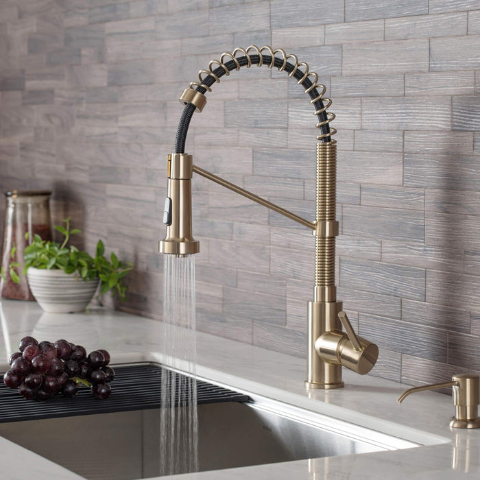 Kraus KPF-1610BG Bolden 18-Inch Commercial Kitchen Faucet with Dual Function Pull-Down Sprayhead in all-Brite Finish, 18 Inches, Brushed Gold