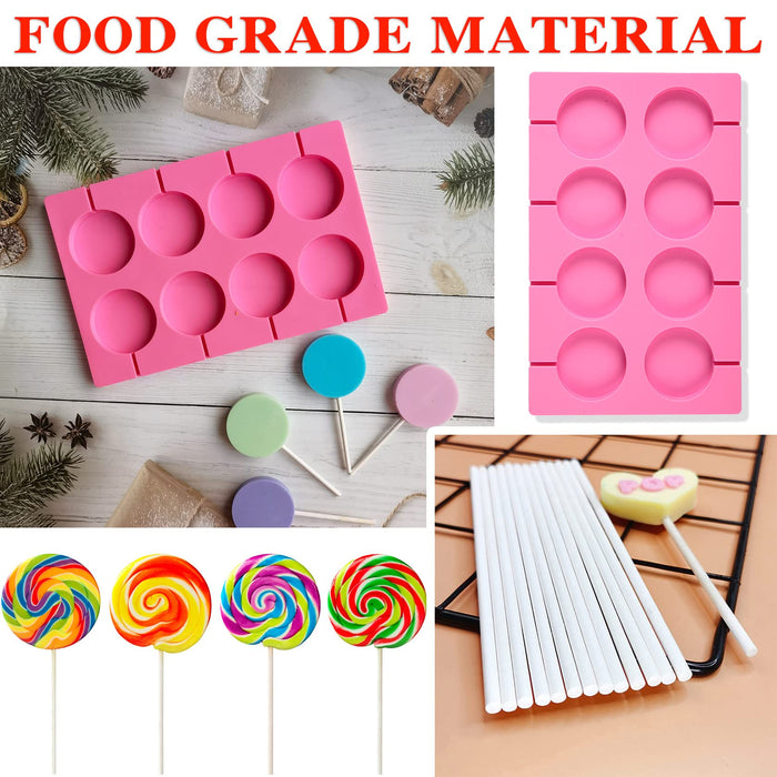 2x 12-Capacity Round Chocolate Hard Candy Silicone Lollipop Molds with 100  count 4 inch Lollypop Sucker Sticks for Halloween Christmas Parties