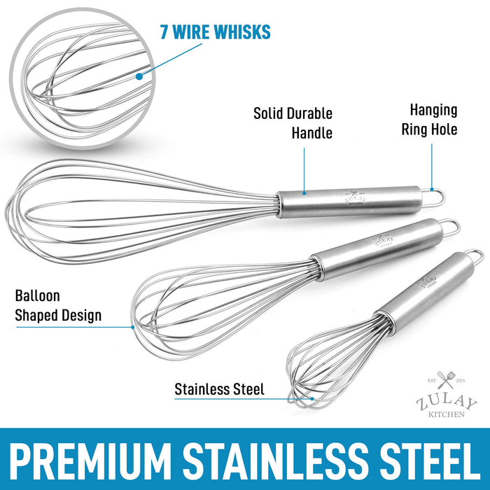 Uniques 3 Pak Stainless Steel Whisk Set 8 10 12 Sturdy 7 Wire Whisks For ooking Baking Kithen Utensil Wisk For Blending Stirring