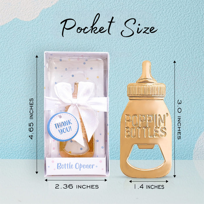 24 Pack POPPIN BOTTLES Baby Shower Favor , Baby Bottle Opener with ADVICE and WISHES Cards , GOLD Bottle Opener for Baby Shower