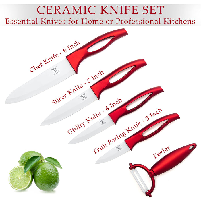 Ceramic Knife Set,Five Piece 6 Chef Knife, 5 Utility Knife, 4 Fruit  Knife, 3 Paring Knife, 1'' Vegetable Fruit Peeler, Rust Proof And Stain
