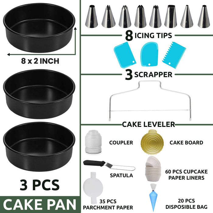 RFAQK 100PCs Cake Pan Sets for Baking + Cake Decorating Kit: 3 Non-Stick  Springform Pans Set (4, 7, 9 inches), Piping Tips, Cake Leveler –