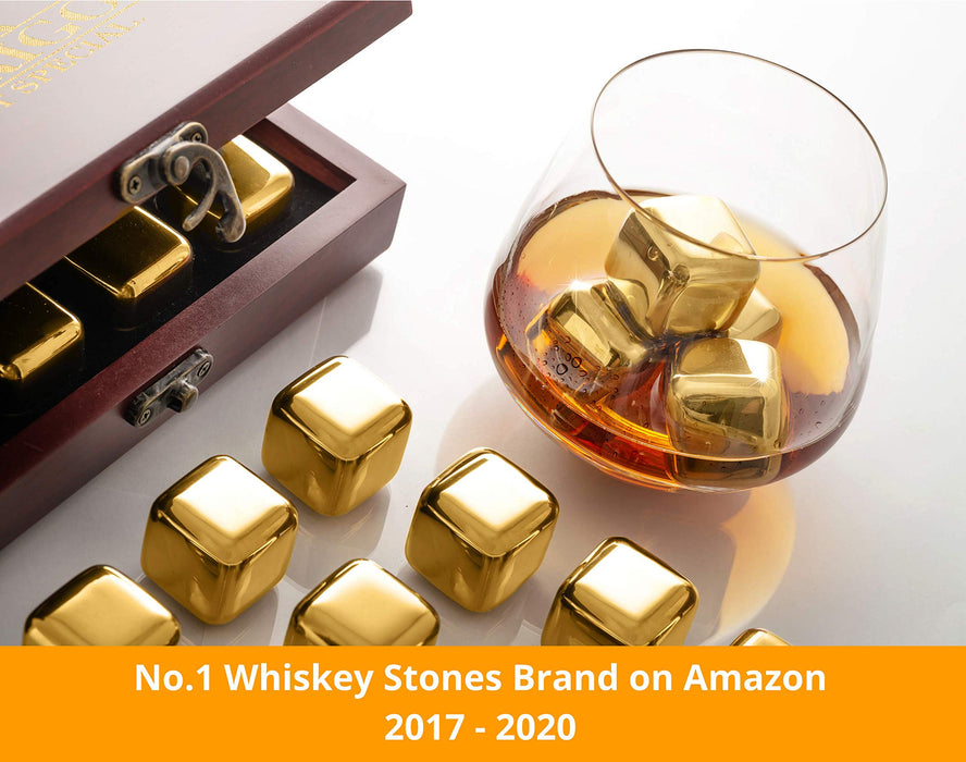 Amerigo Gold Stainless Steel Whiskey Stones Set in Beautiful Wooden Box - Reusable Ice Cubes for Drinks - Bar Accessories