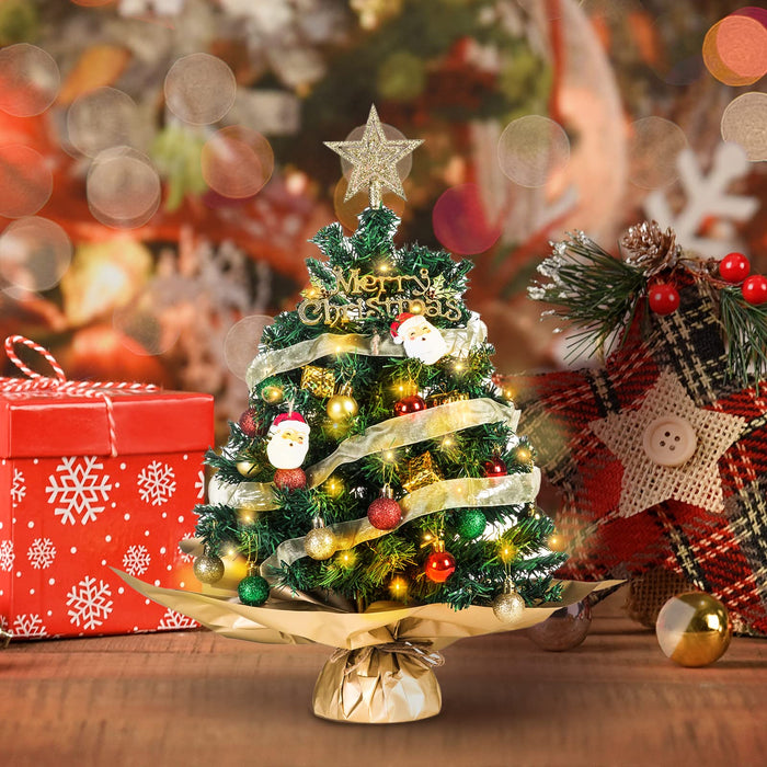 20" Mini Christmas Tree, Artificial Mini Christmas Tree With Lights, Tabletop Christmas Tree With Star Treetop Pinecones  Box