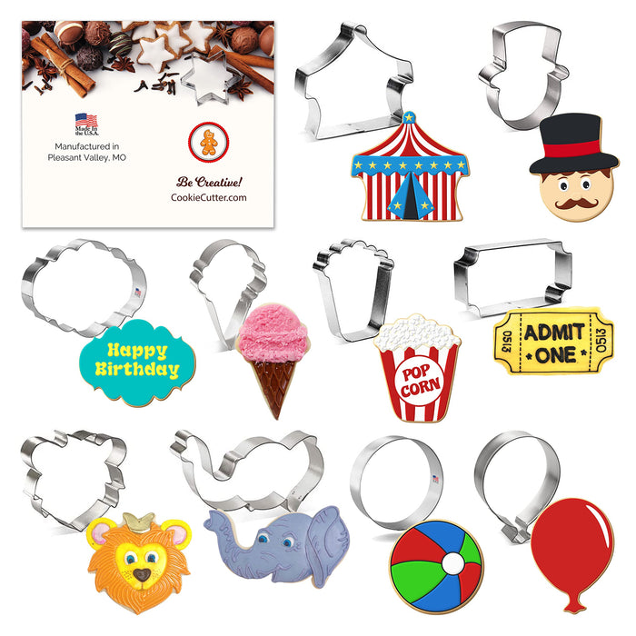 Circus Birthday Cookie Cutter 10 Pc Set - Tent, Ringmaster, Ball, Lion Face, Elephant Face, Ticket Plaque, Ferris Wheel