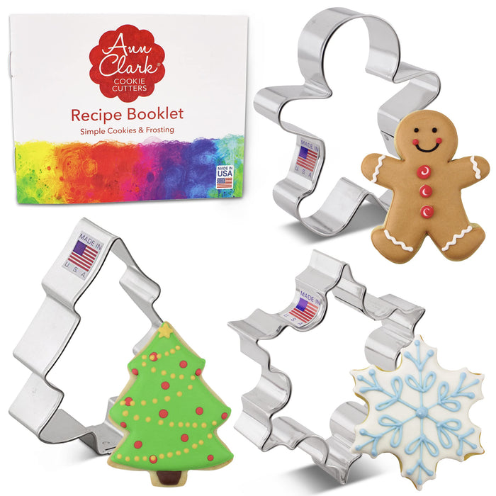 Christmas Cookie Cutter 3-Piece Set Snowflake, Gingerbread Man, Christmas Tree, Recipe Booklet Made in USA