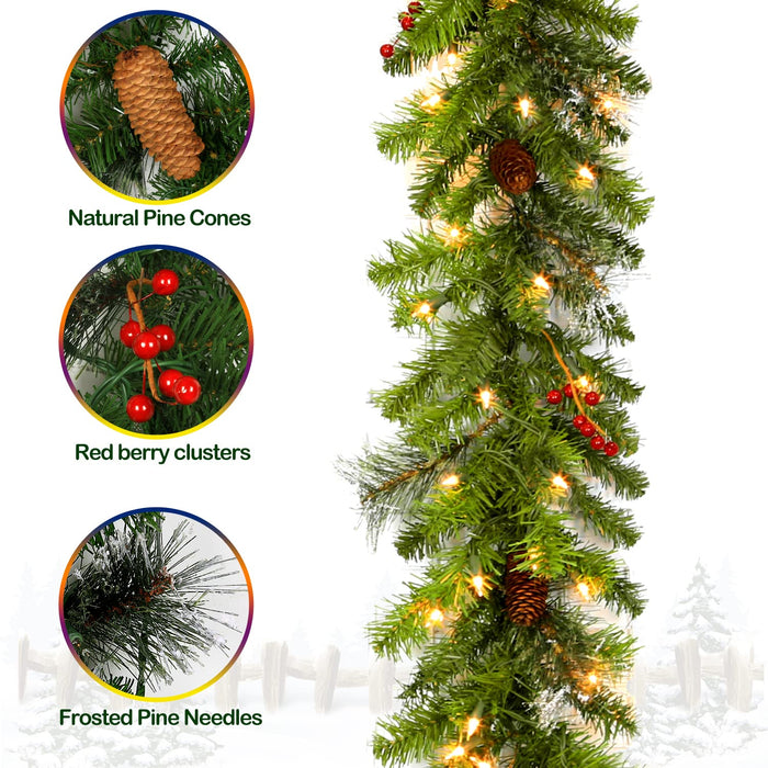 hykolity 9 ft. Artificial Christmas Garland with 50 Warm White Lights, Pre-lit Christmas Garland for Doors, Windows, Fireplace Mantels, Fence or Stairway, Adorned with Pinecones, Red Berries, Plug in