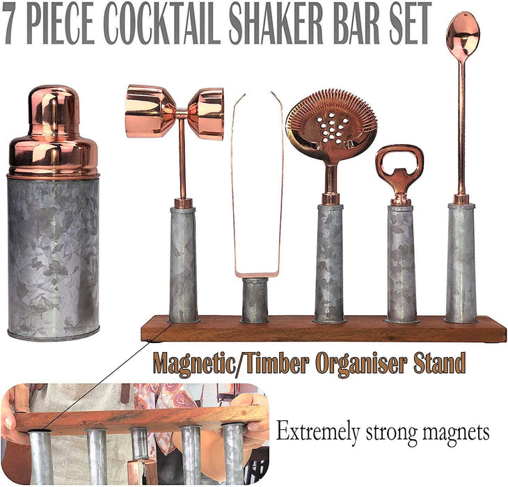 Galrose Dezigns Cocktail Shaker Set - 6 Bar Tools Bar Accessories Rustic Galvanized Iron Bar Set Rose Gold Trim - Mixology Bartenders