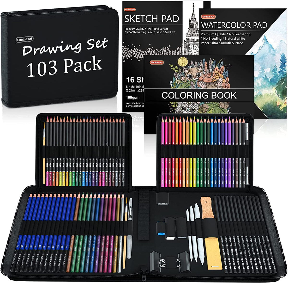 CwhaleCblu 77 Pack Drawing Set Art Supplies,Drawing Supplies with 3-Color  Sketch Book, Colored, Graphite, Charcoal, Watercolor&Metallic Pencil, Art