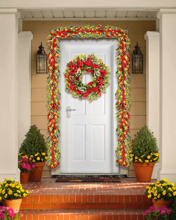 DDHS Christmas Wreath, 26 Inch Artificial Christmas Decorations Wreaths for Front Door with 60 Lights, Red Berries Green Spruce, for Festive Party for Window Indoor and Outdoor Pre-Lit Holiday Decor