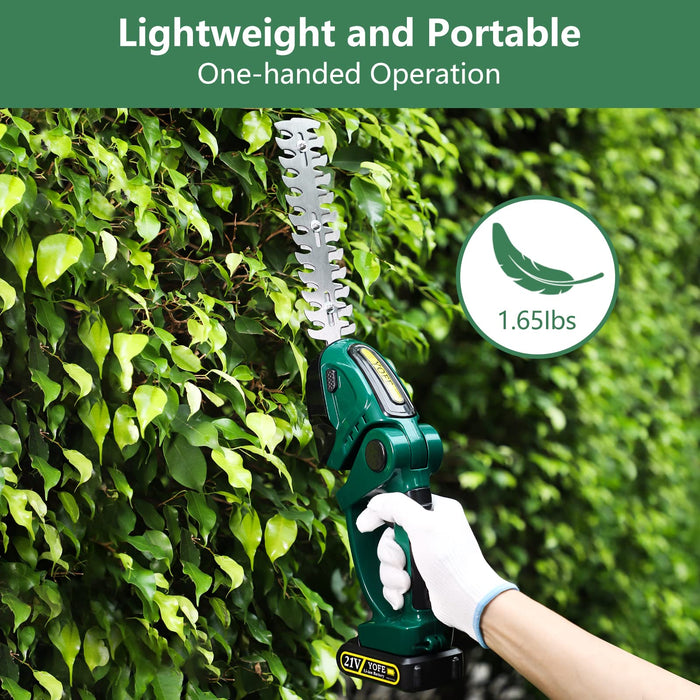 YOFE 21V Cordless Hedge Trimmer & Grass Shear, 2 in 1 Handheld Shrubbery Trimmer Electric Grass Trimmer, Lightweight & Safe Grass Cutter/Hedge Shear with Rechargeable Battery and Charger