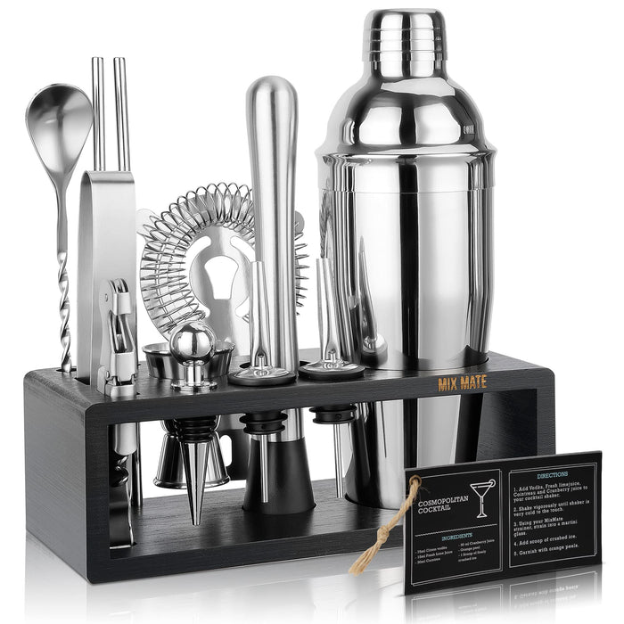 MixMate Stainless Steel Cocktail Shaker Set with Stand - 15-Piece Bartenders Kit with Drink Shaker, Bar Spoon, Jigger, Muddler