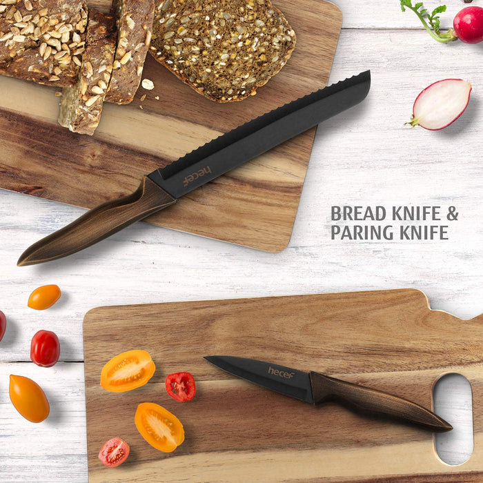 hecef Vintage Kitchen Knife Set, Stainless Steel Non-stick Black Coated  Knives with Extra Sheaths, Includes 8'' Chef Knife, 8'' Bread Knife, 7