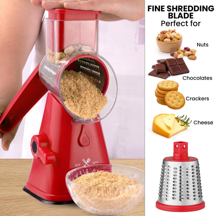 Rotary heese Grater with Upgraded Reinfored Sution Round heese Shredder Grater with 3 Replaeable Stainless Steel Drum Blades Easy