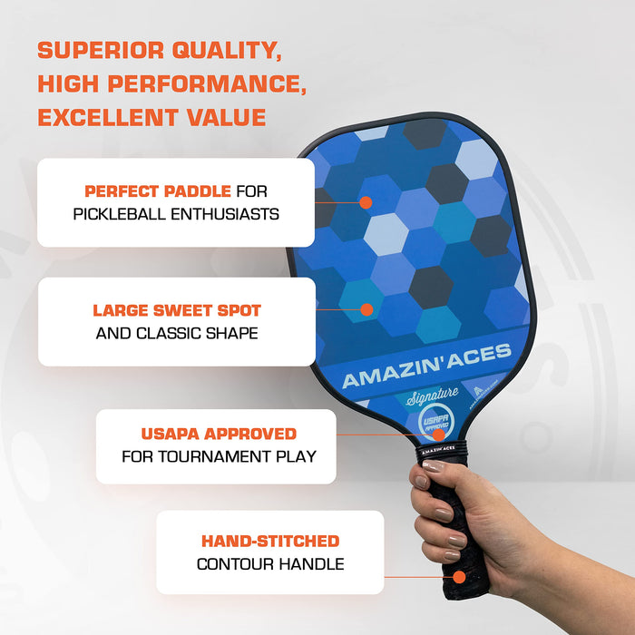 Amazin' Aces Signature Pickleball Paddle Set | USAPA Approved | Graphite Face & Polymer Core | Premium Grip | Includes Paddles, Balls, Paddle Covers, Bag & eBook | 2 Paddle Set (Blue & Gray)