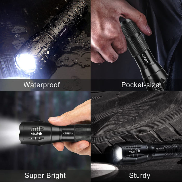 T6 Touch Light LED Tactical Flashlight Zoom-able Flashlights for Camping Night Ride and Adventure, Men's, Size: Large, Black