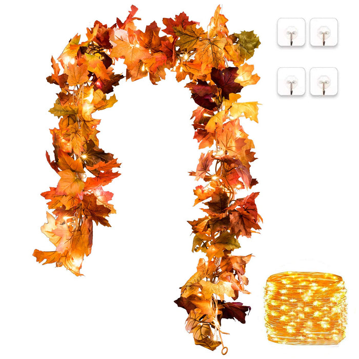 DearHouse 2 Pack Fall Garland Maple Leaf, 5.9Ft/Piece Hanging Vine Garland with 16.4ft 40 Led String Light, Artificial Autumn Garland Thanksgiving Decor for Home Wedding Fireplace Party