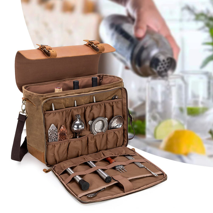 LoDrid Portable Bartenders Bag for Bar Kits, Vintage Genuine Leather Waxed Canvas Travel Bar Case with Thick Inner Dividers