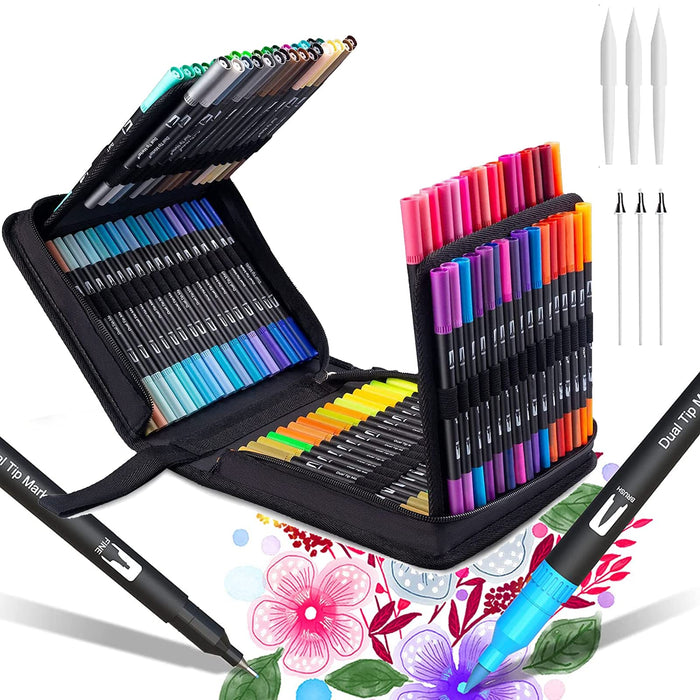Dual Tip Art Marker Pens Fine Point Bullet Journal Pens & Colored Brush Markers for Kid Adult