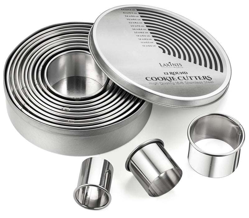 Round Cookie Biscuit Cutter Set, 12 Graduated Circle Pastry Cutters, Heavy Duty Commercial Grade 18/8 304 Stainless Steel