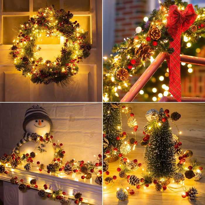 Christmas Garland Lights with Remote and Timer 6.56FT Pine Cone Lights with  Red Berry 20 LED Battery Operated Garland String Lights 6 Brightness